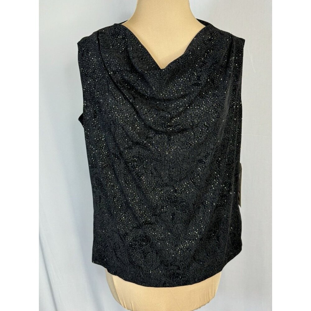 New French Laundry Sleeveless Drape Neck Black Gold Sparkle Top Shirt L Large